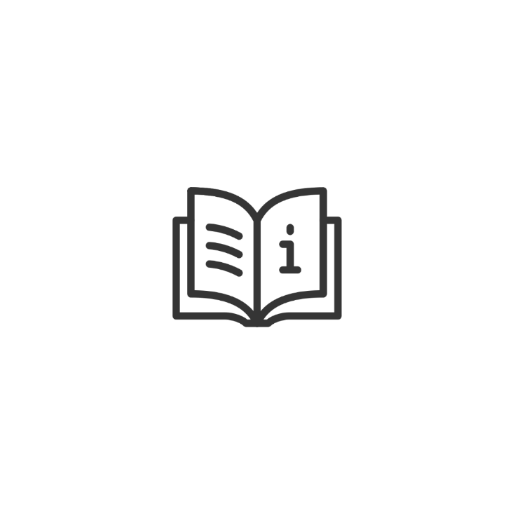 Icon of an open book with an information symbol on a white background